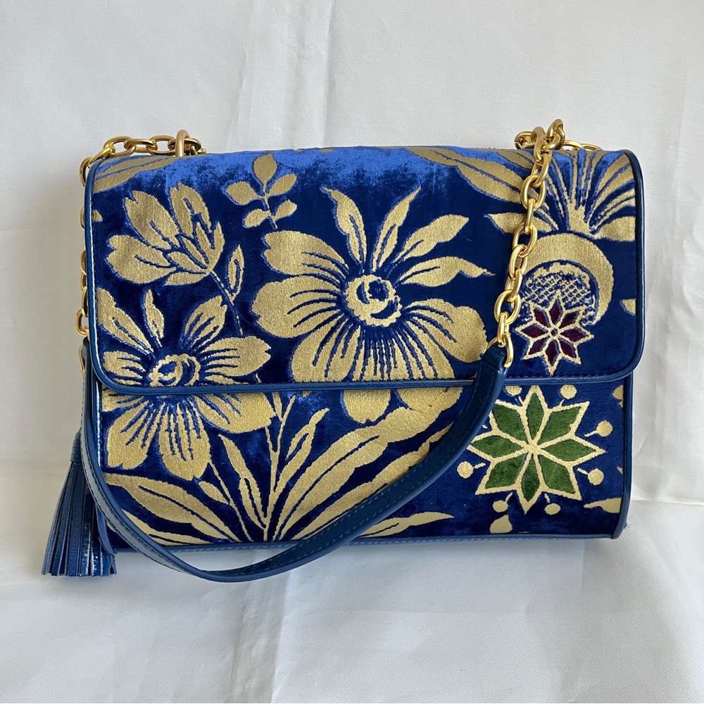 Tory Burch Blue and Gold Floral Velvet Shoulder Bag - Picture 2 of 10